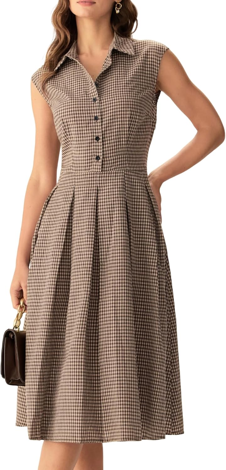 Plaid Sleeveless Collared Button-Up A-Line Dress in Brown