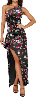 Floral One-Shoulder Bodycon Maxi Dress with High Slit in Black Floral