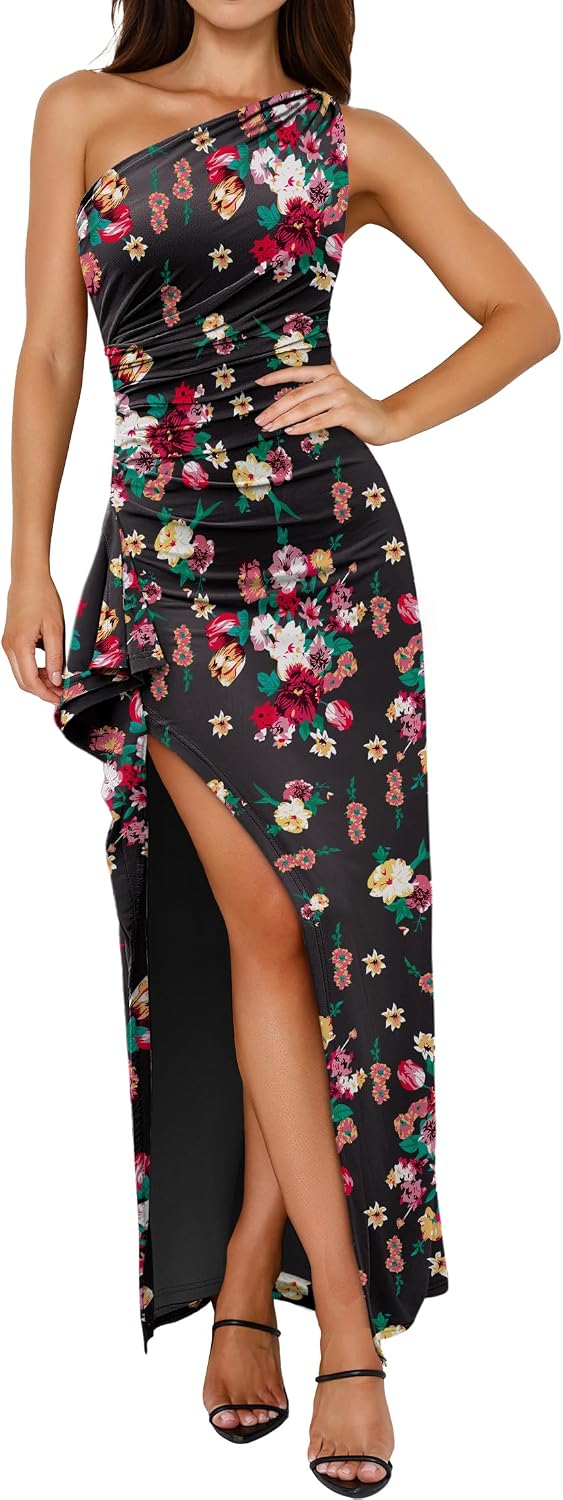 Floral One-Shoulder Bodycon Maxi Dress with High Slit in Black Floral