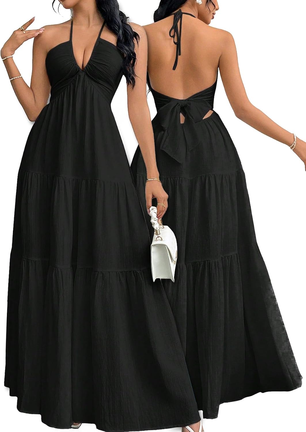 Halter V-Neck A-Line Maxi Dress in Black