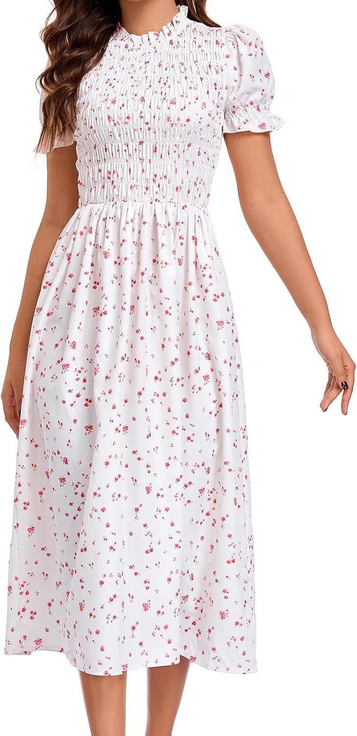 Gingham Puff-Sleeve Smocked Midi Dress in Apricot