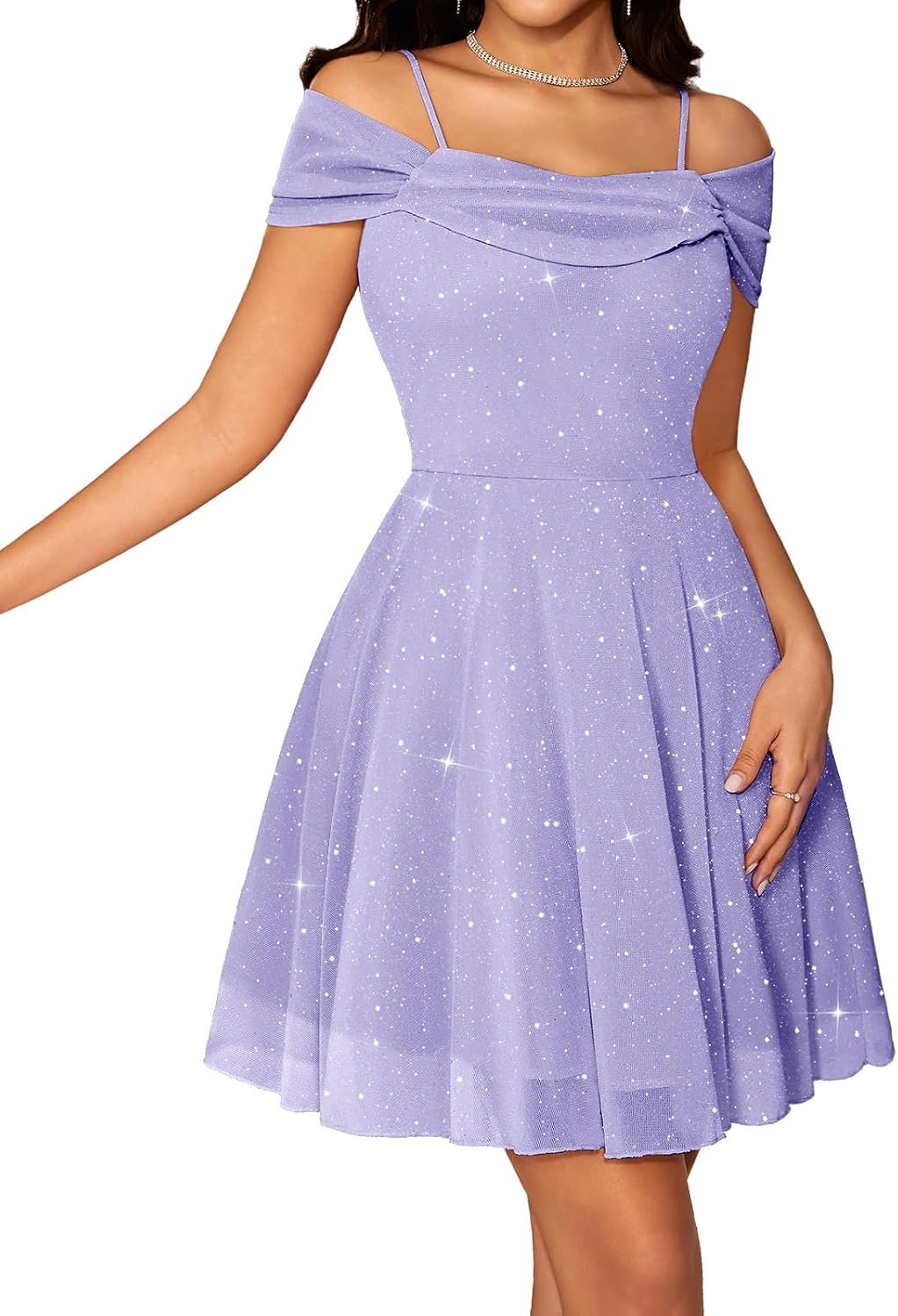 Sparkly Sequin Tulle Cowl-Neck Short Party Dress in Lavender