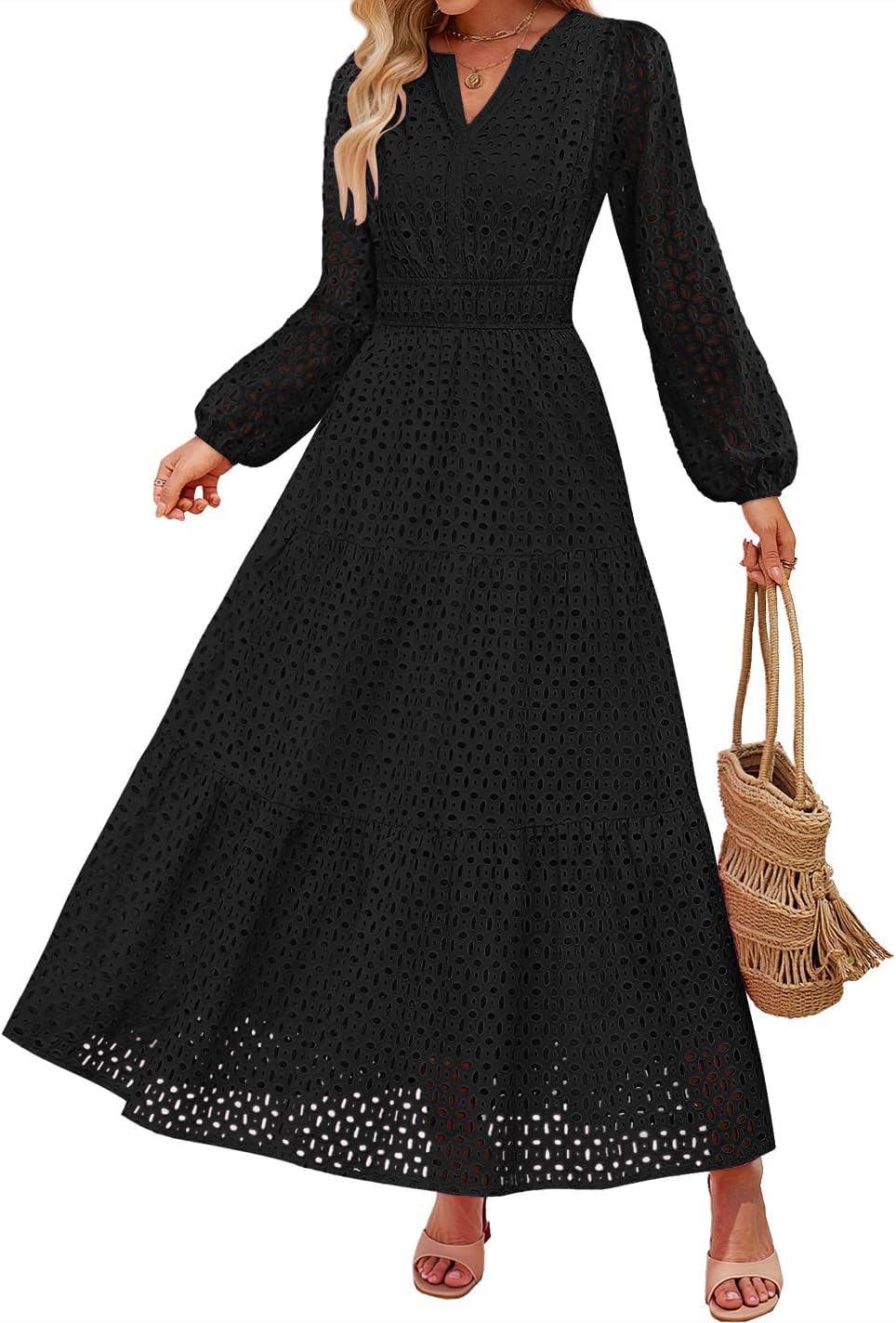 Eyelet V-Neck Long-Sleeve A-Line Dress in Black