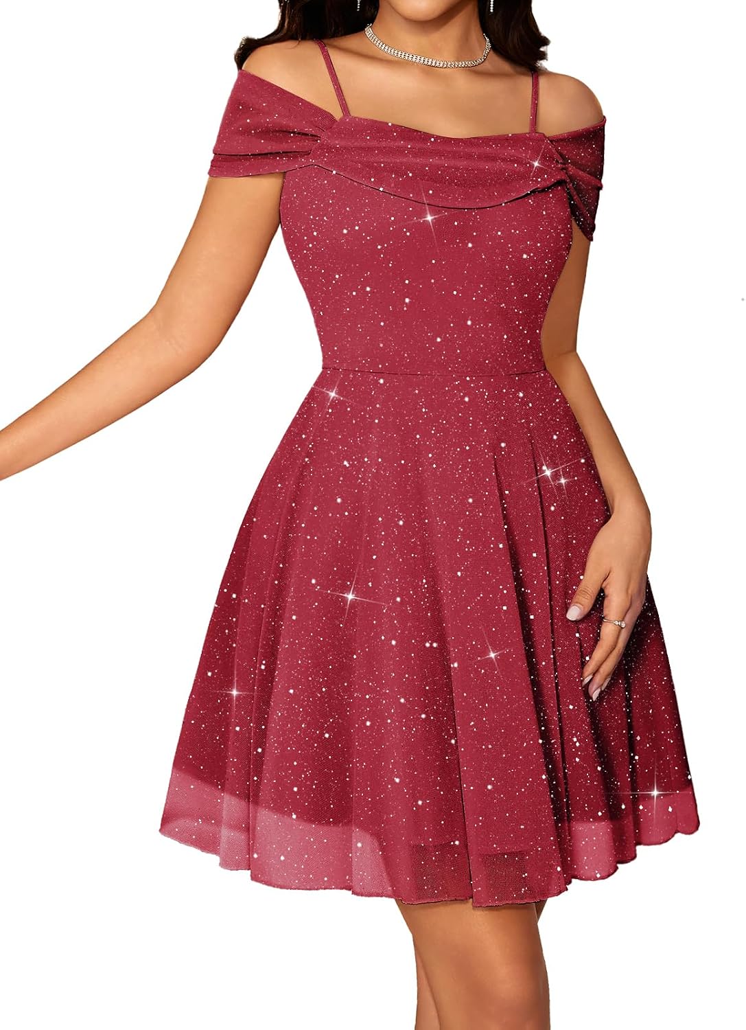 Sparkly Sequin Tulle Cowl-Neck Short Party Dress in Burgundy