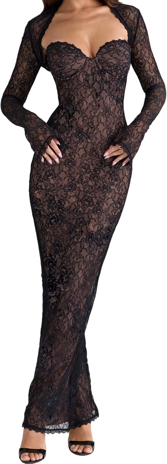 Lace Long-Sleeve Bodycon Maxi Dress in Black
