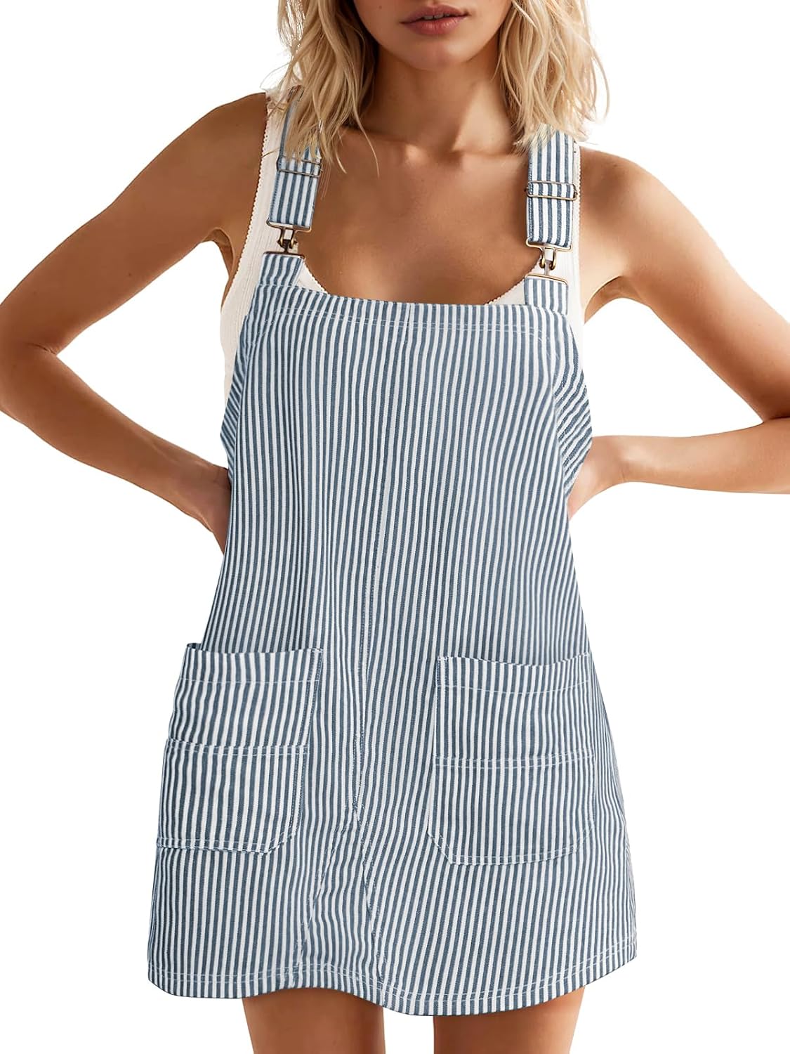 Striped Denim Overall Dress with Pockets in Blue
