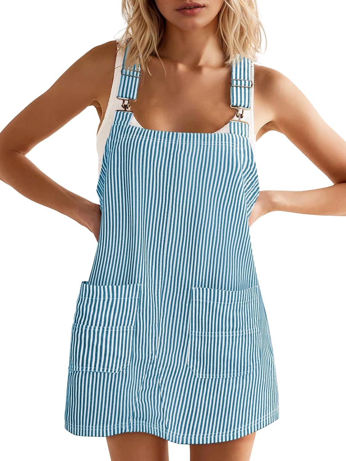 Striped Denim Overall Dress with Pockets in Lake Blue