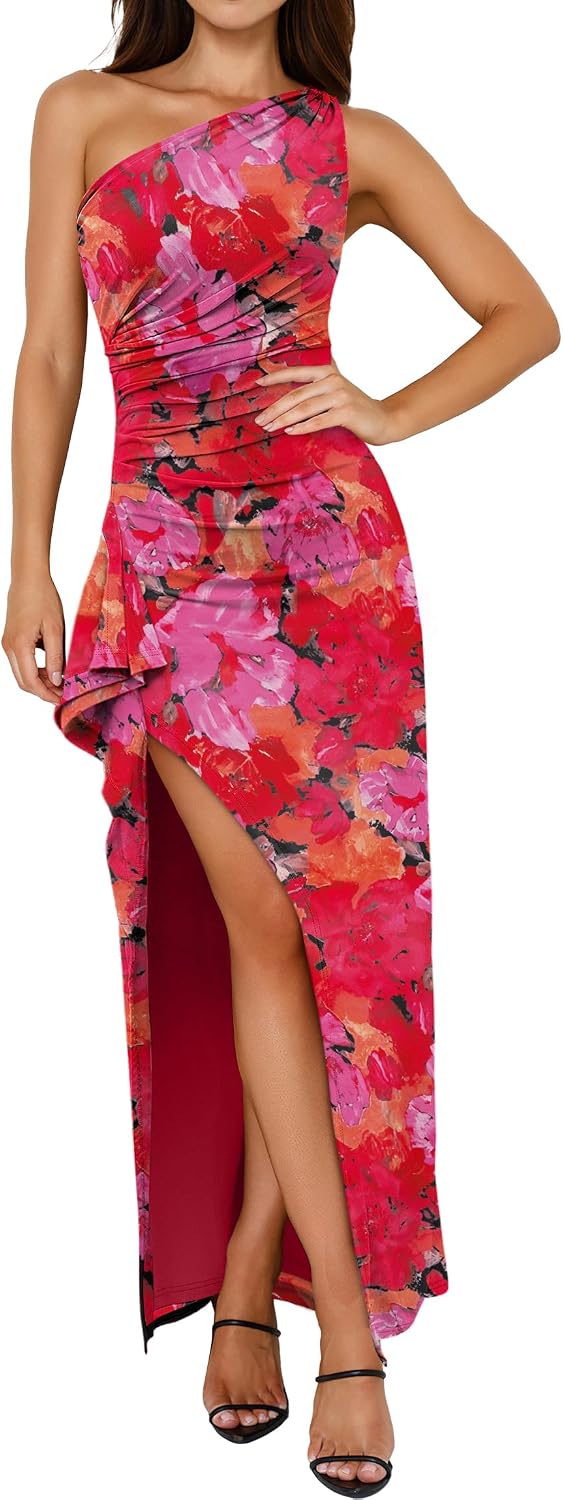 Floral One-Shoulder Bodycon Maxi Dress with High Slit in Peony Red Floral