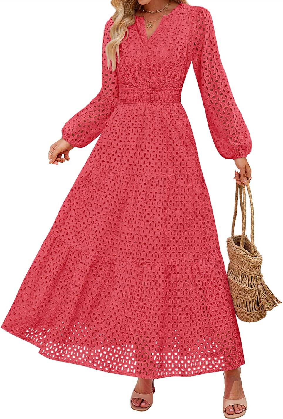 Eyelet V-Neck Long-Sleeve A-Line Dress in Watermelon