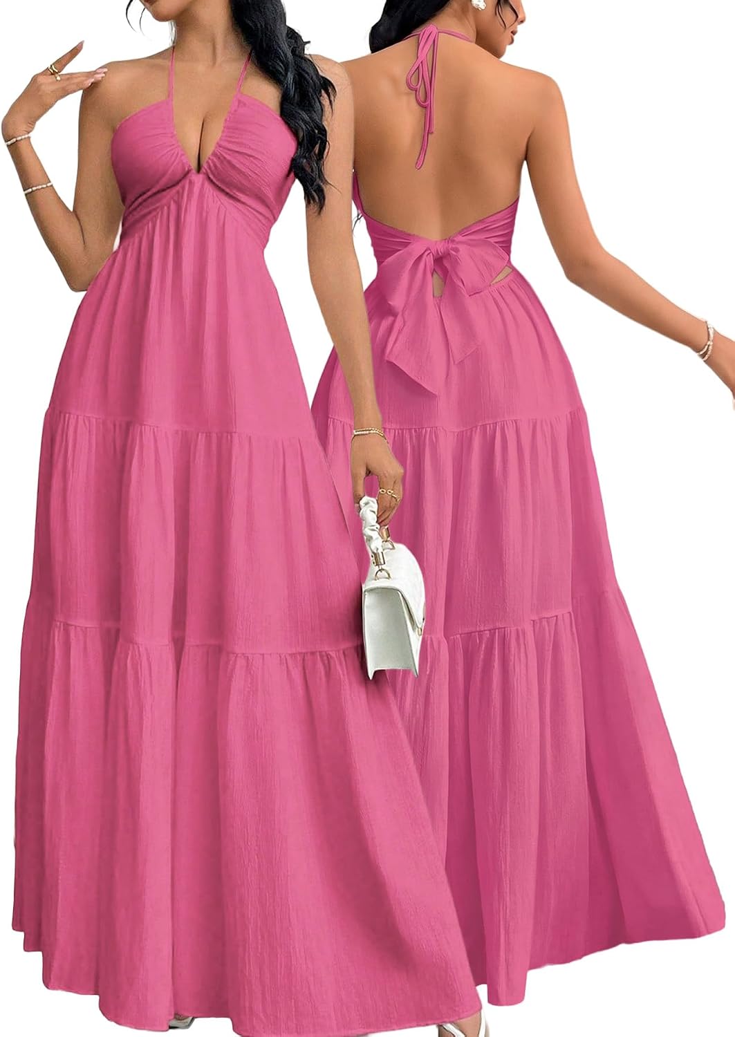 Halter V-Neck A-Line Maxi Dress in Hot Pink