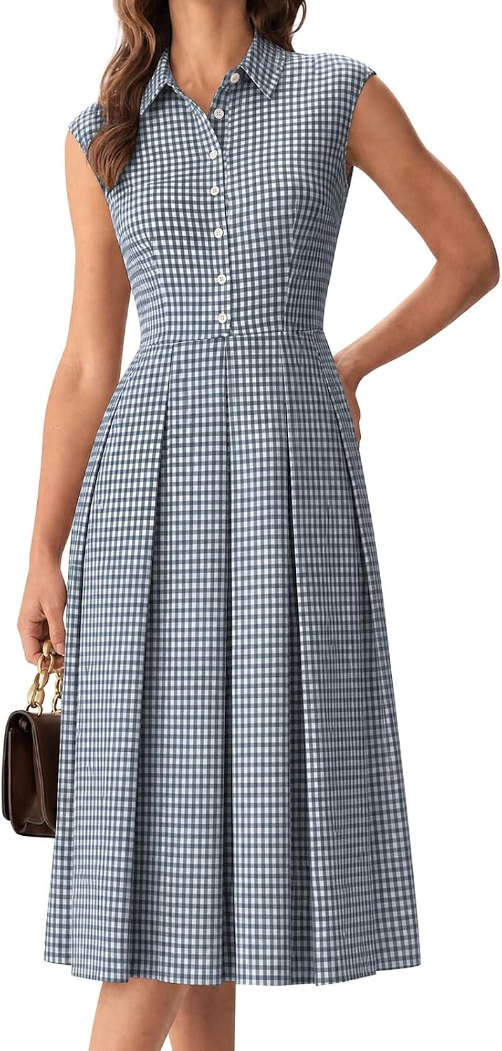 Plaid Sleeveless Collared Button-Up A-Line Dress in Navy Blue