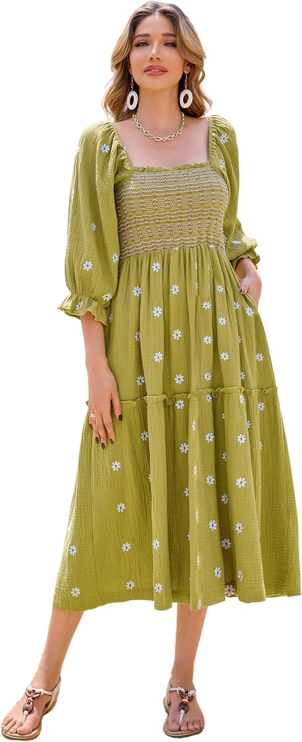 Embroidered Floral Long-Sleeve Tiered Midi Dress in Olive Green
