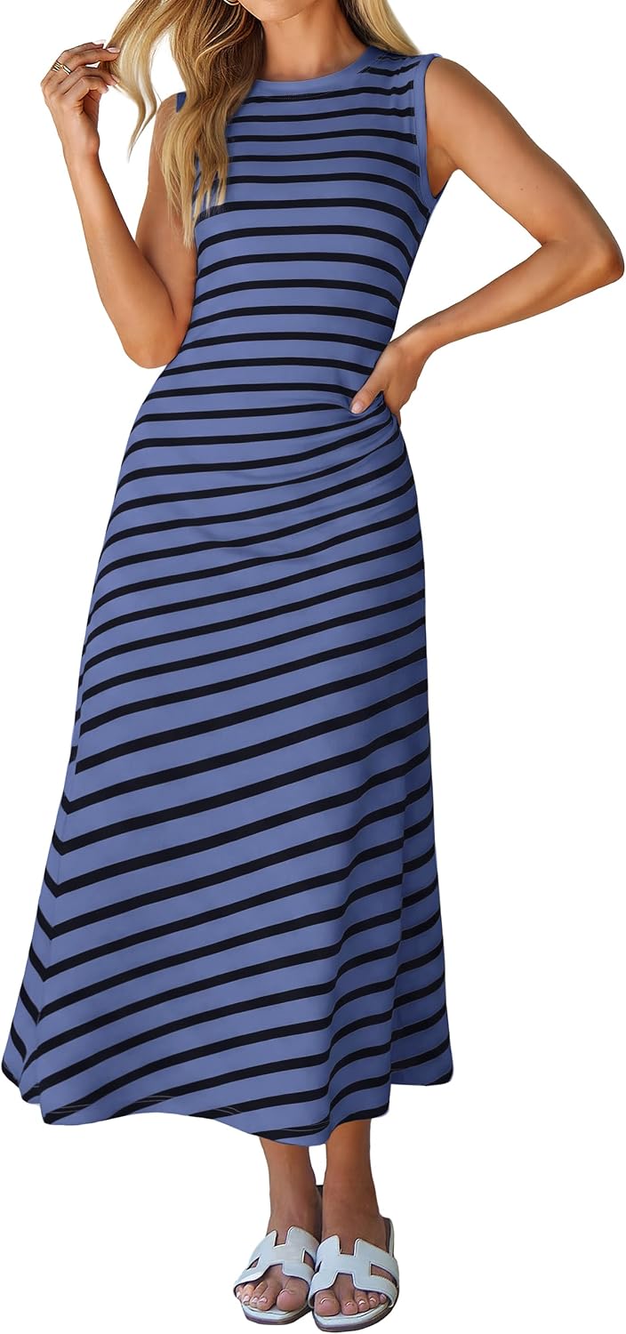 Cap-Sleeve T-Shirt A-Line Midi Dress in Dusty Blue Sleeveless