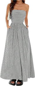 Striped Strapless A-Line Maxi Dress with Pockets in Black and White