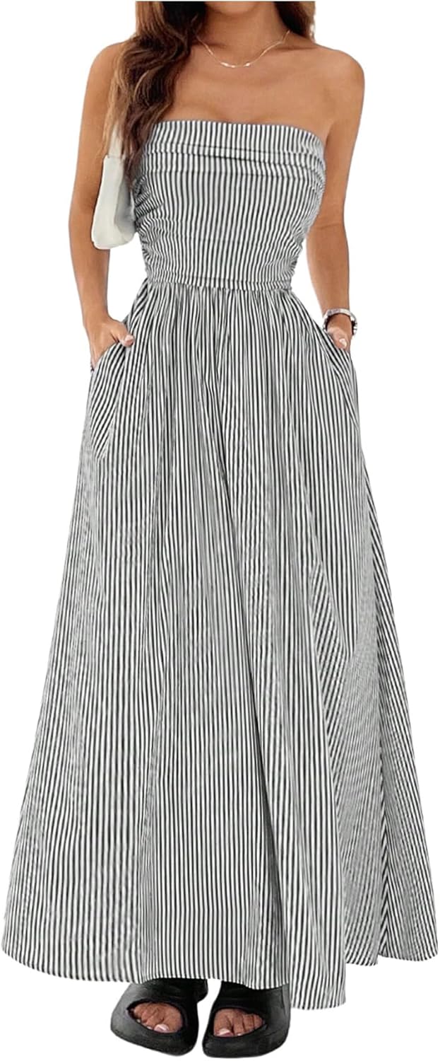 Striped Strapless A-Line Maxi Dress with Pockets in Black and White