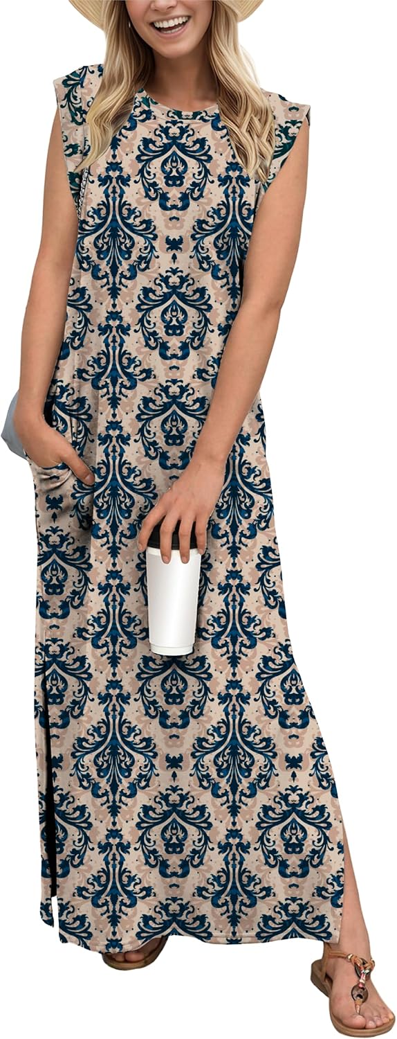 Crew-Neck Loose Maxi Dress with Side Slits and Pockets in Baroque Pattern