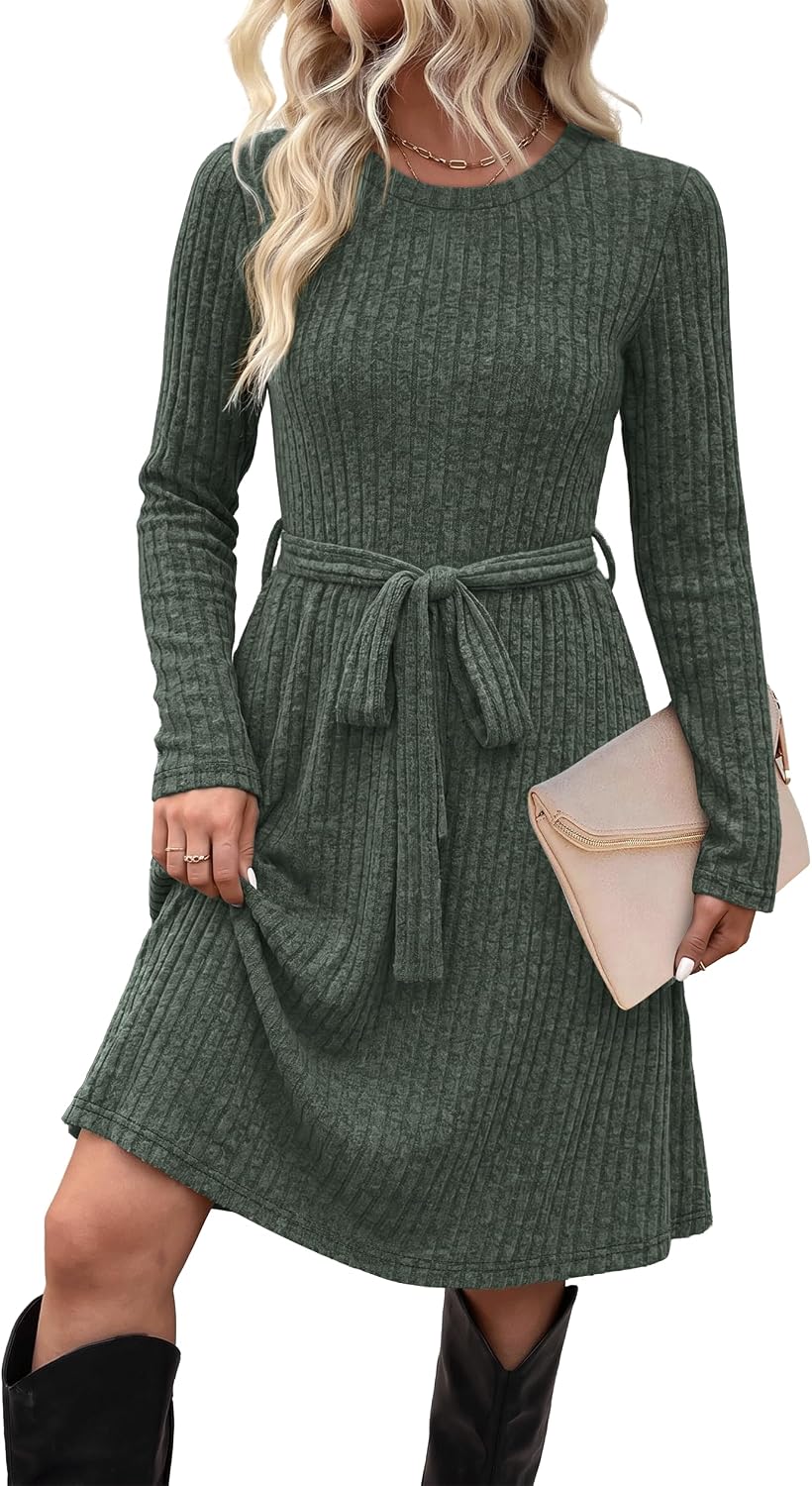 Long-Sleeve Crew-Neck Sweater Dress with Tie Waist and Pockets in Green