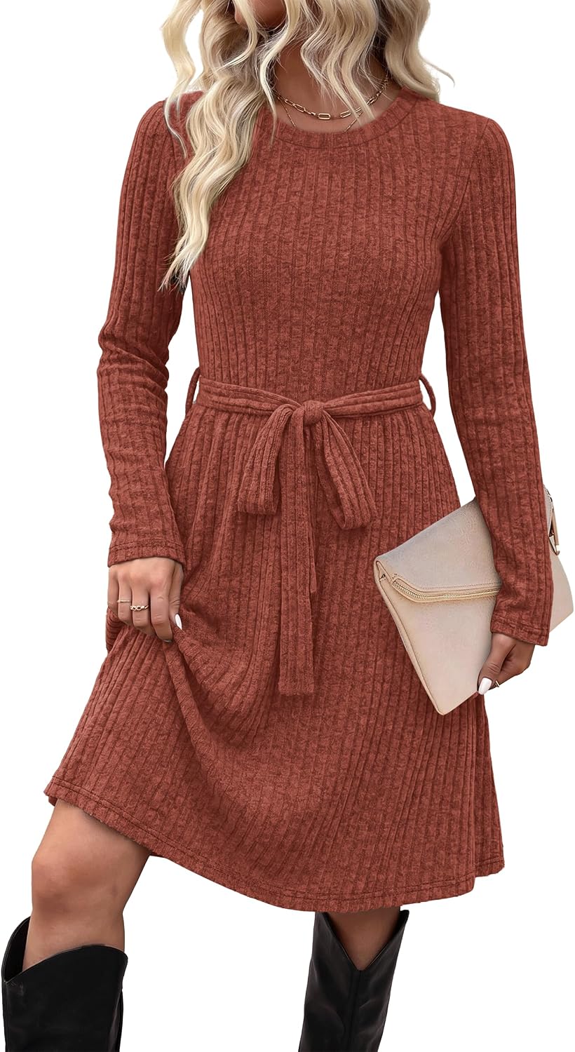 Long-Sleeve Crew-Neck Sweater Dress with Tie Waist and Pockets in Caramel Red