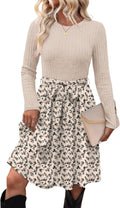 Long-Sleeve Crew-Neck Sweater Dress with Tie Waist and Pockets in Beige