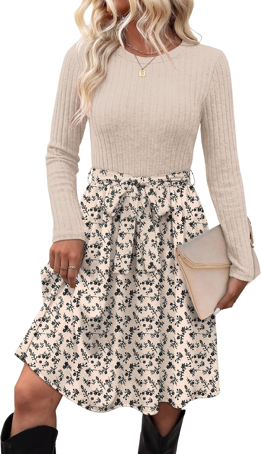 Long-Sleeve Crew-Neck Sweater Dress with Tie Waist and Pockets in Beige