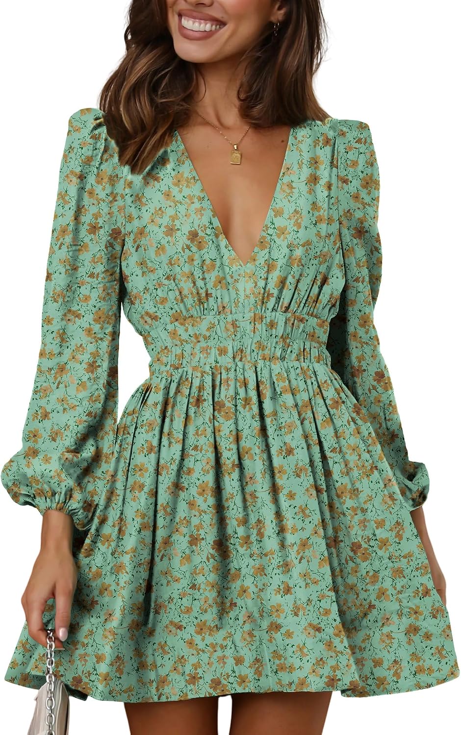 Deep-V Long-Sleeve A-Line Mini Dress in Floral Green Orange