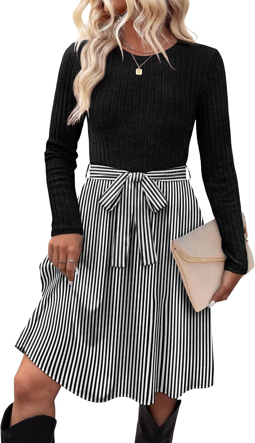 Long-Sleeve Crew-Neck Sweater Dress with Tie Waist and Pockets in Vertical Stripes