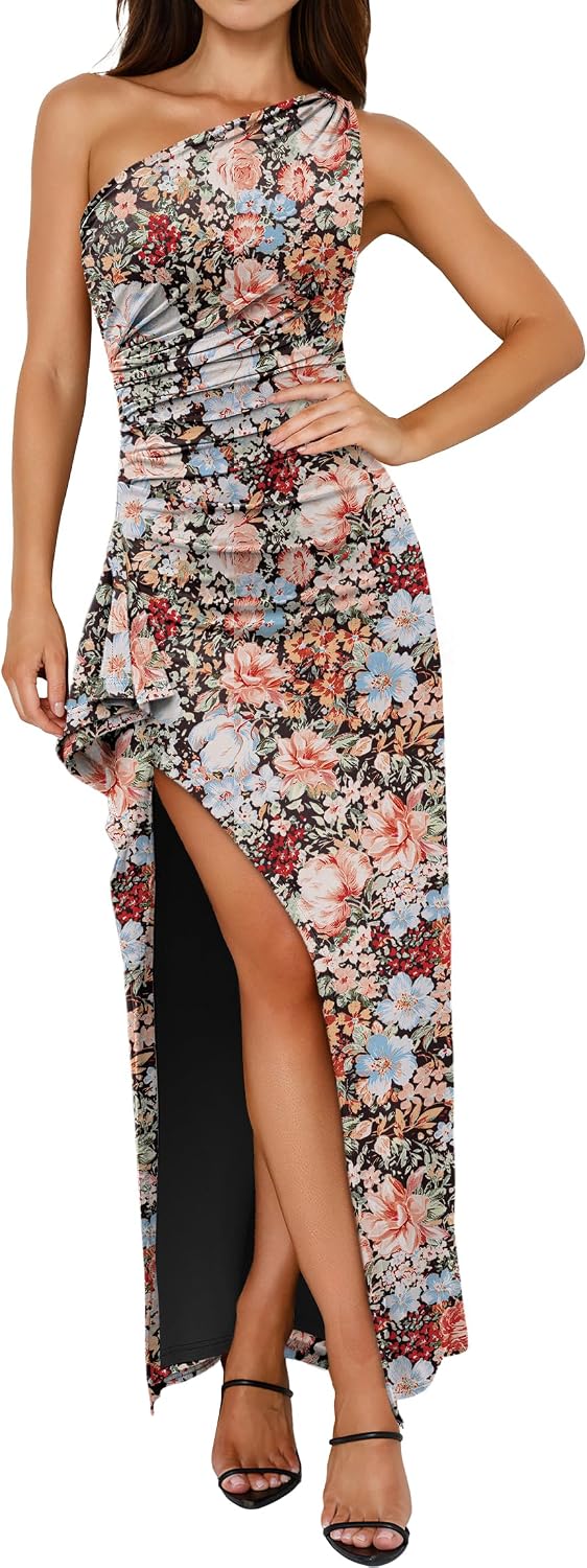 Floral One-Shoulder Bodycon Maxi Dress with High Slit in Multi Floral