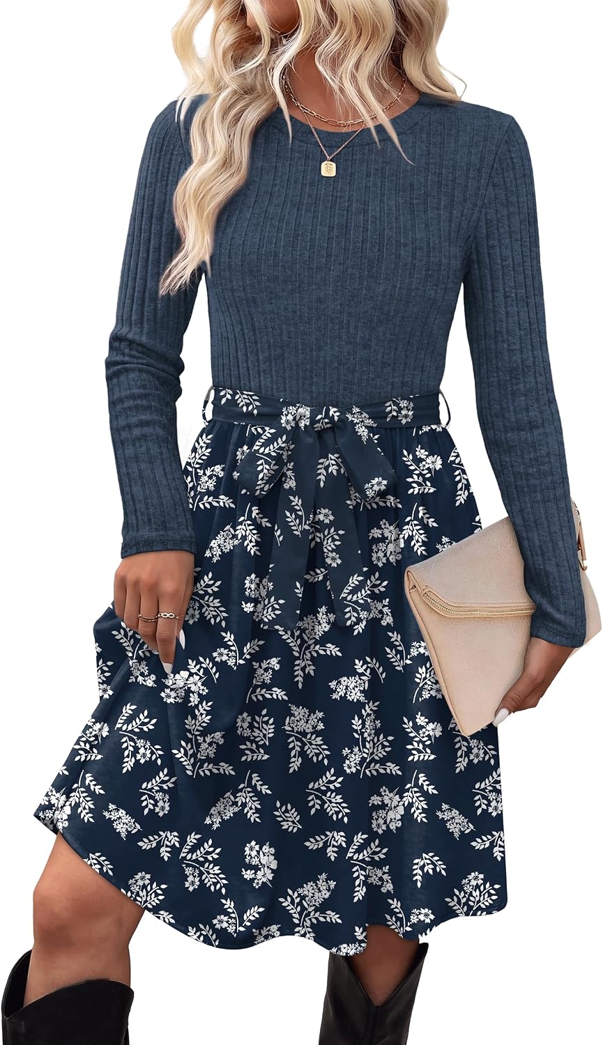 Long-Sleeve Crew-Neck Sweater Dress with Tie Waist and Pockets in Dark Blue