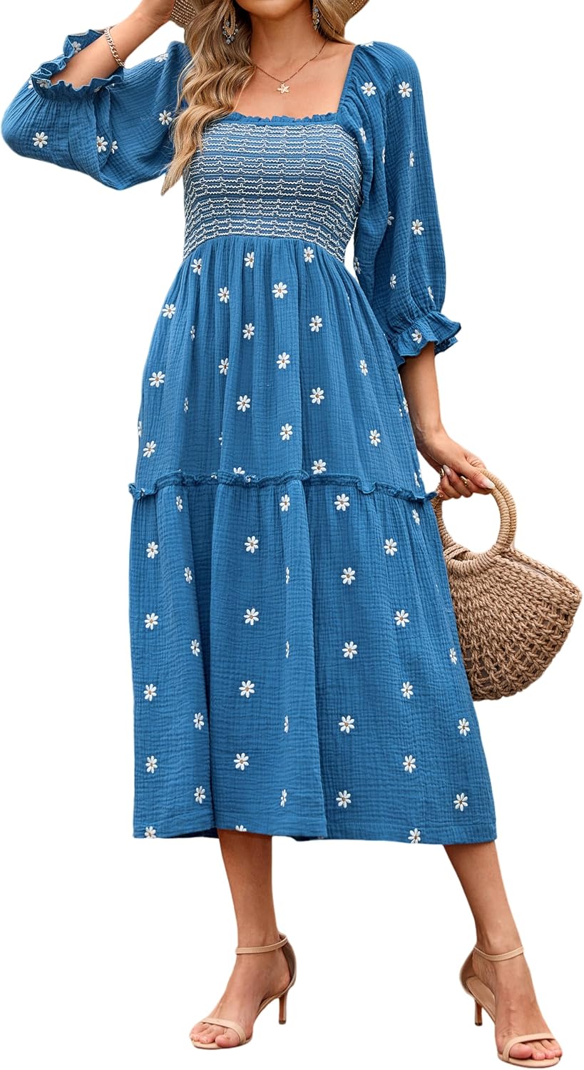 Embroidered Floral Long-Sleeve Tiered Midi Dress in Dark Blue