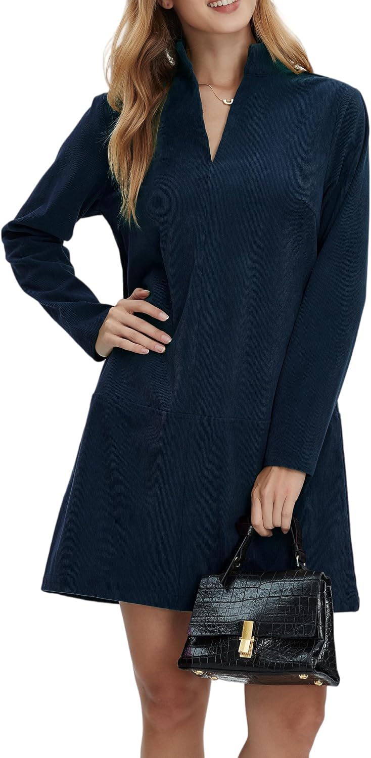 Corduroy V-Neck Long-Sleeve A-Line Mini Dress in Navy Blue
