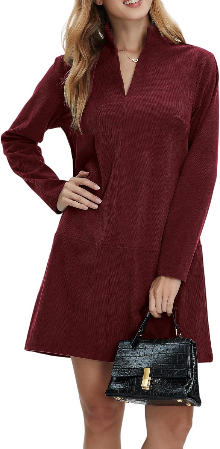 Corduroy V-Neck Long-Sleeve A-Line Mini Dress in Red
