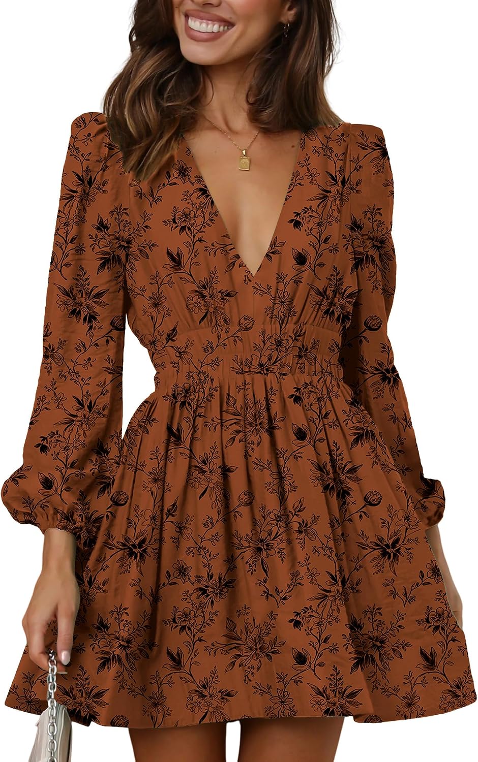Deep-V Long-Sleeve A-Line Mini Dress in Floral Caramel