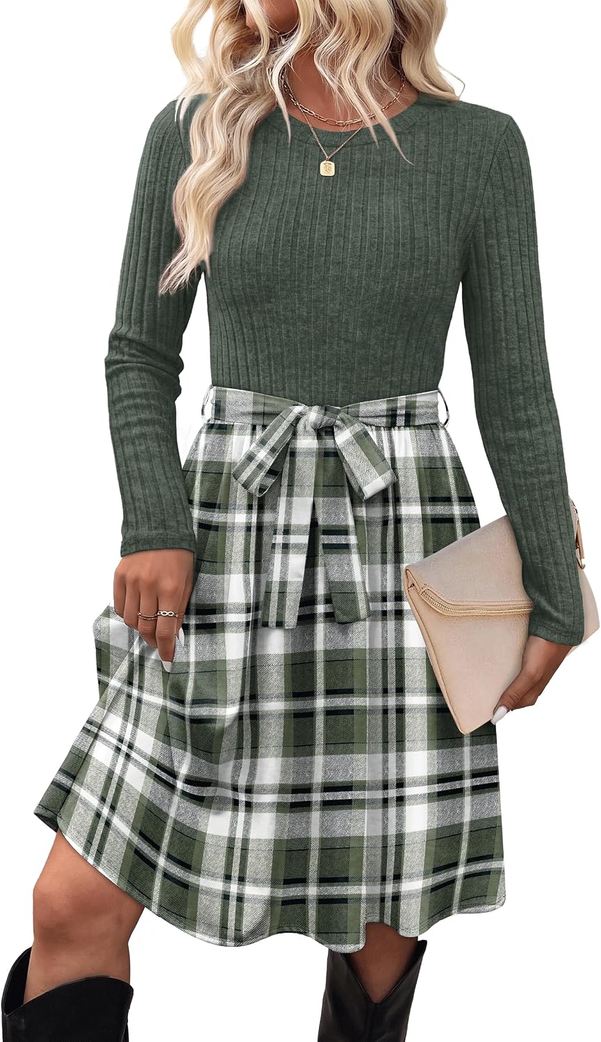 Long-Sleeve Crew-Neck Sweater Dress with Tie Waist and Pockets in Green 2