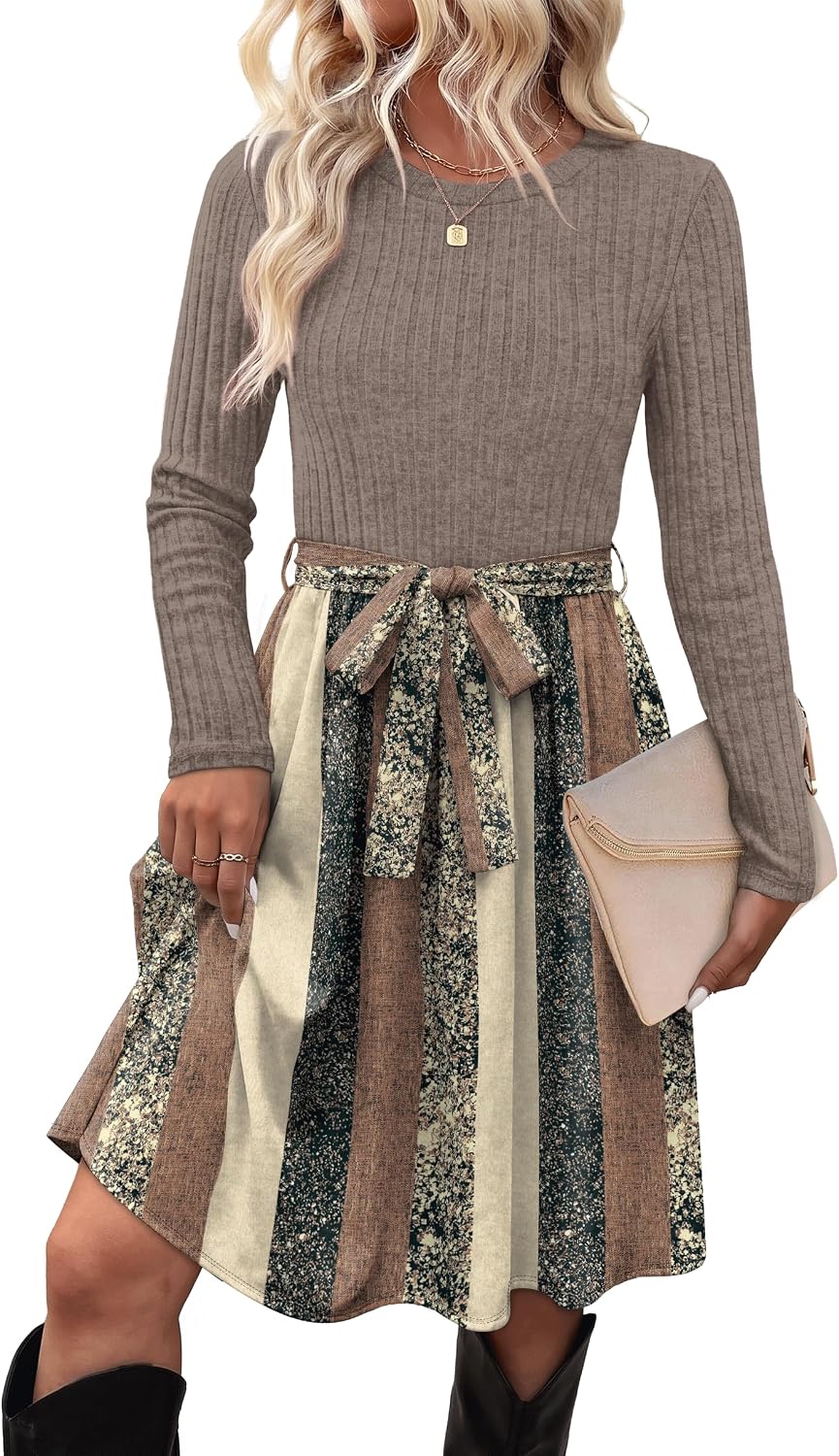 Long-Sleeve Crew-Neck Sweater Dress with Tie Waist and Pockets in Mocha Brown
