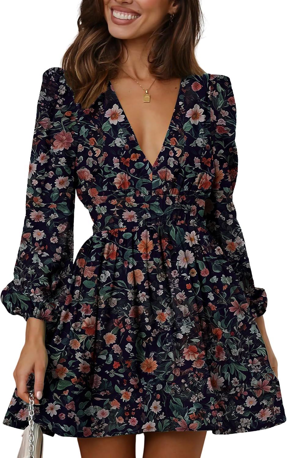 Deep-V Long-Sleeve A-Line Mini Dress in Floral Dark Blue