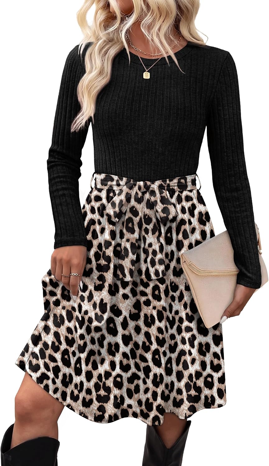 Long-Sleeve Crew-Neck Sweater Dress with Tie Waist and Pockets in Leopard Pattern