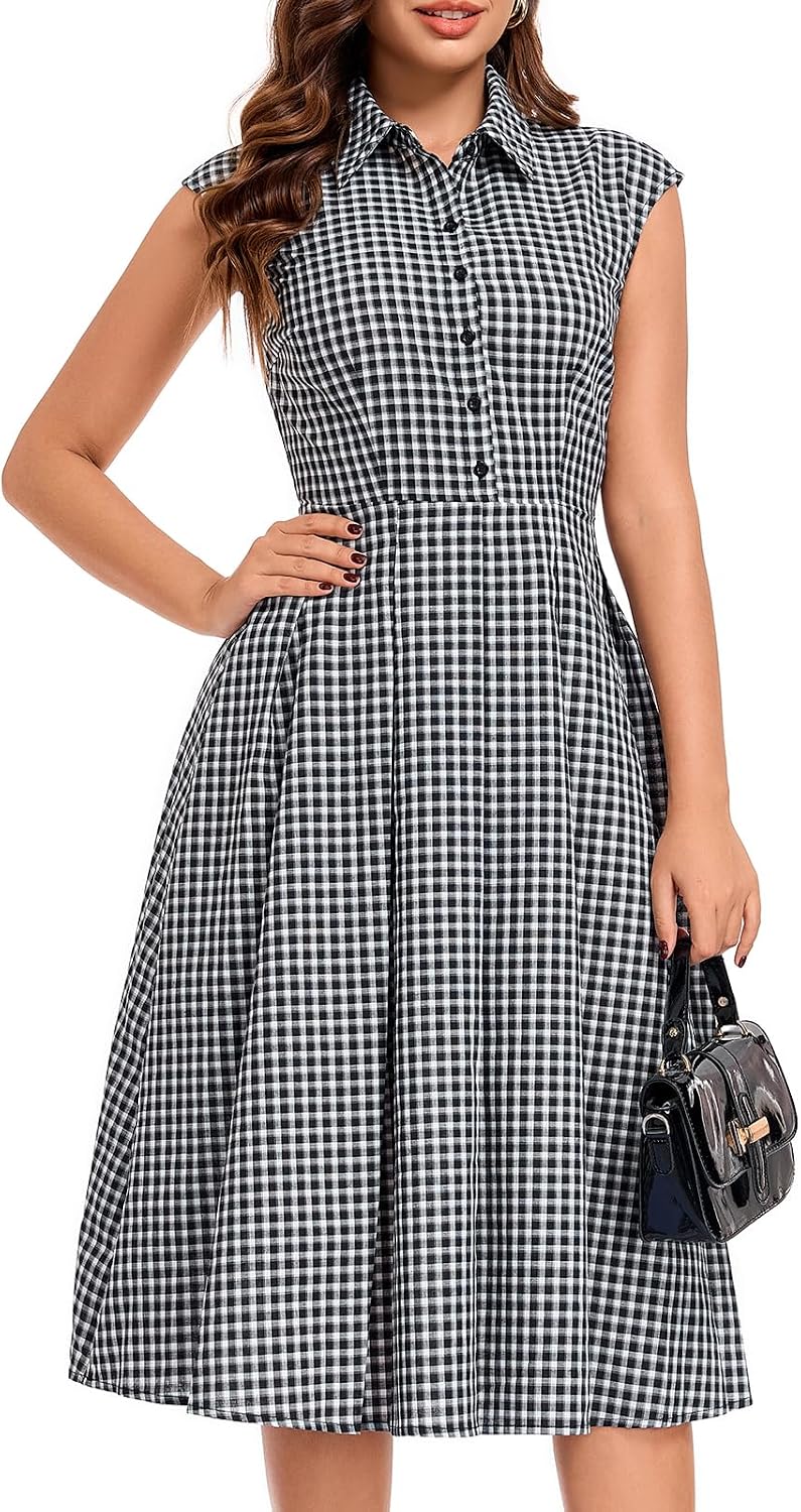 Plaid Sleeveless Collared Button-Up A-Line Dress in Black