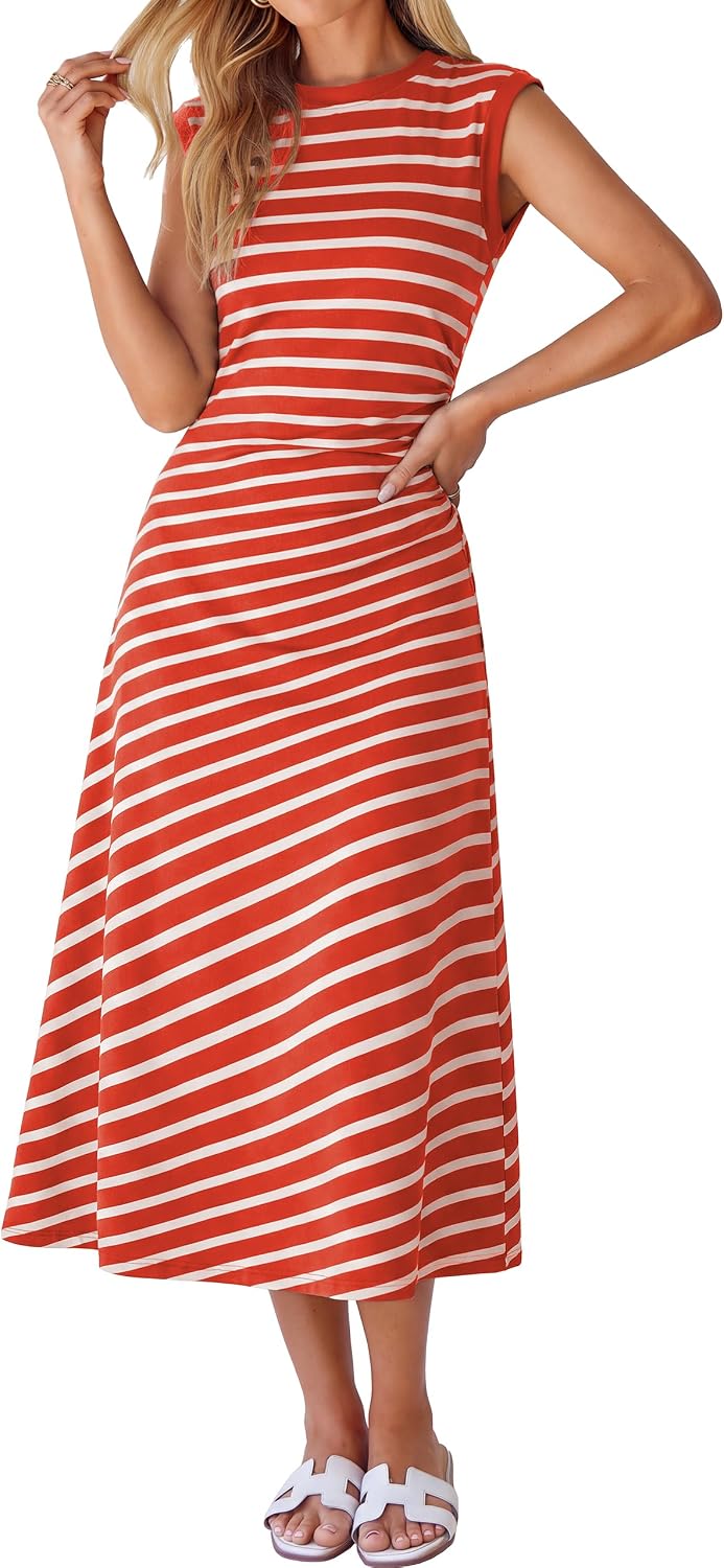 Cap-Sleeve T-Shirt A-Line Midi Dress in Red