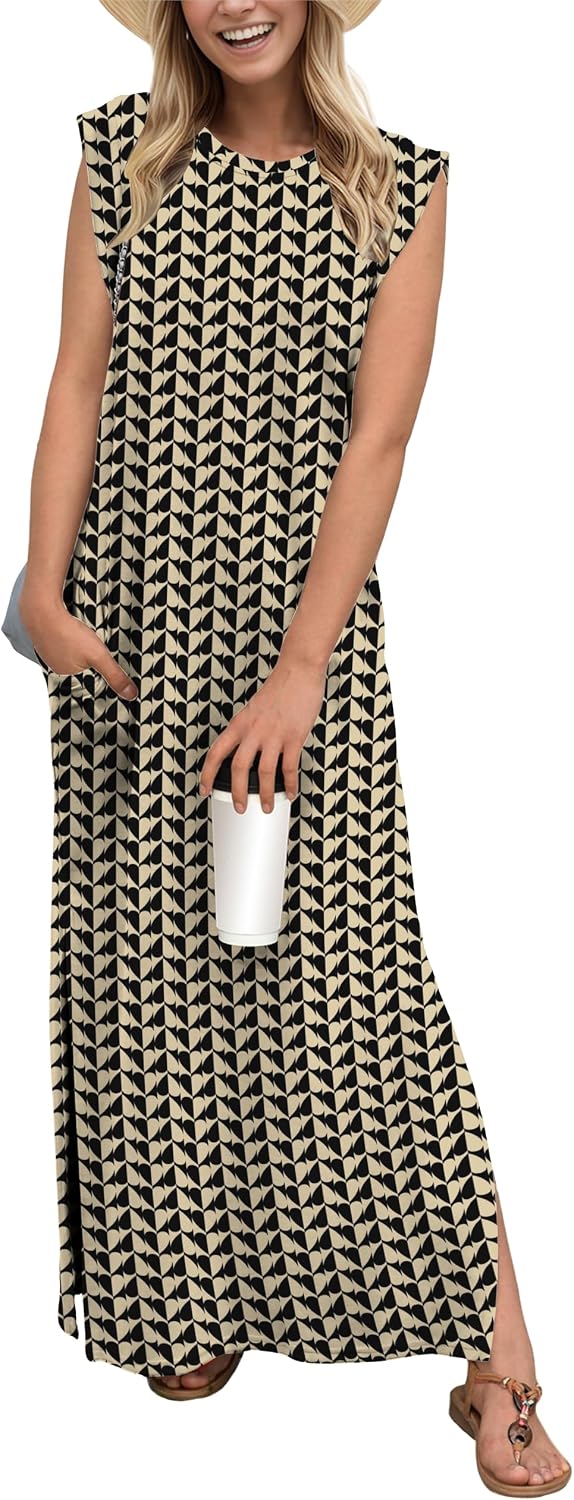 Crew-Neck Loose Maxi Dress with Side Slits and Pockets in Black Khaki Heart