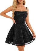 Glitter Sequin Cowl-Neck Tiered Mini Party Dress in Black