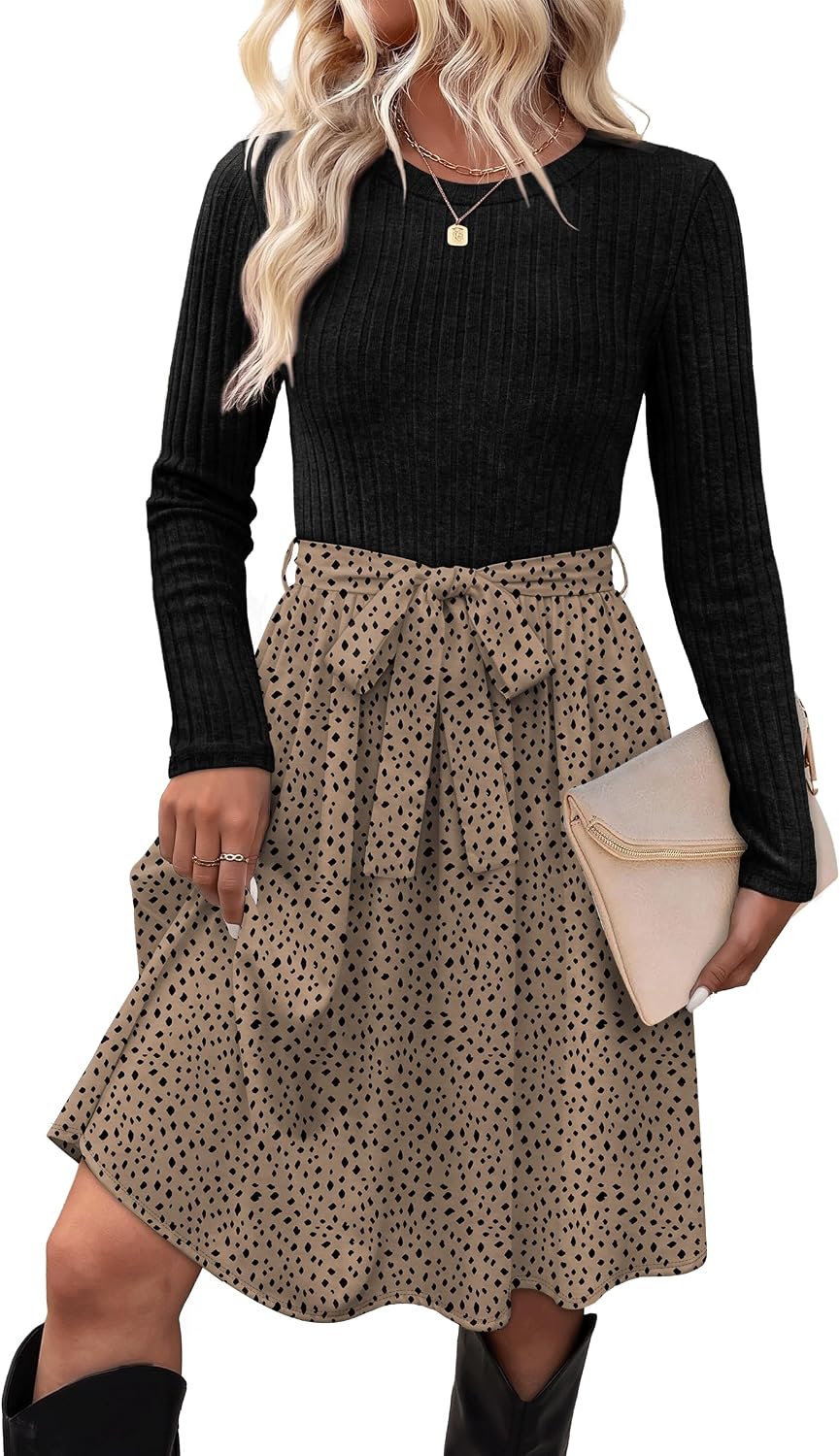 Long-Sleeve Crew-Neck Sweater Dress with Tie Waist and Pockets in Light Brown