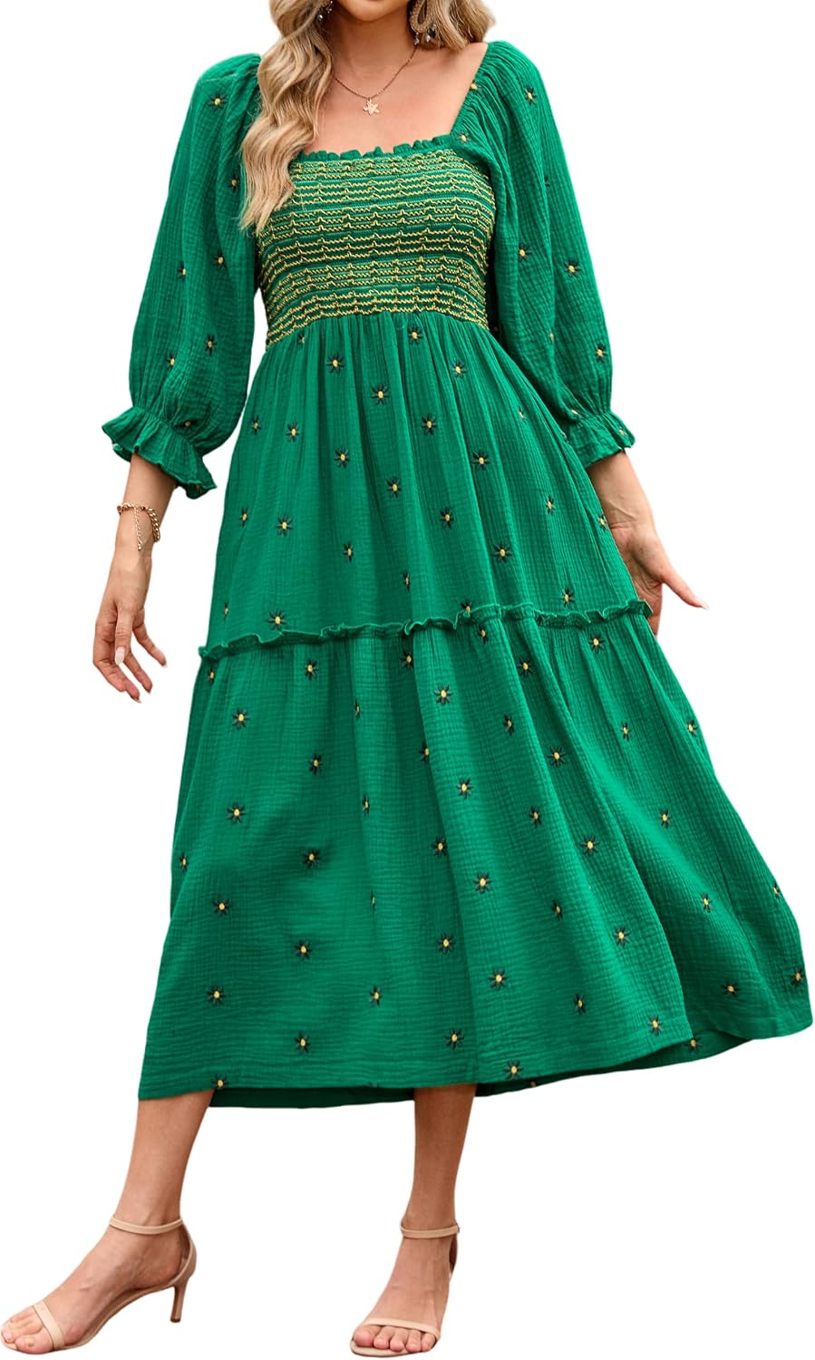 Embroidered Floral Long-Sleeve Tiered Midi Dress in Green