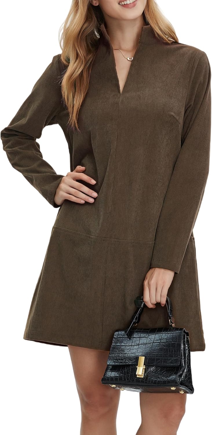 Corduroy V-Neck Long-Sleeve A-Line Mini Dress in Brown