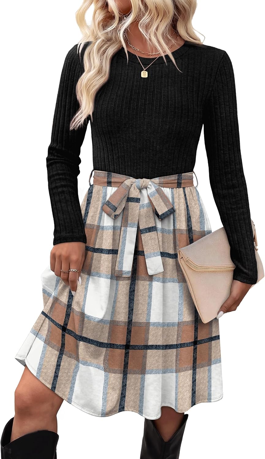 Long-Sleeve Crew-Neck Sweater Dress with Tie Waist and Pockets in Checkered Print