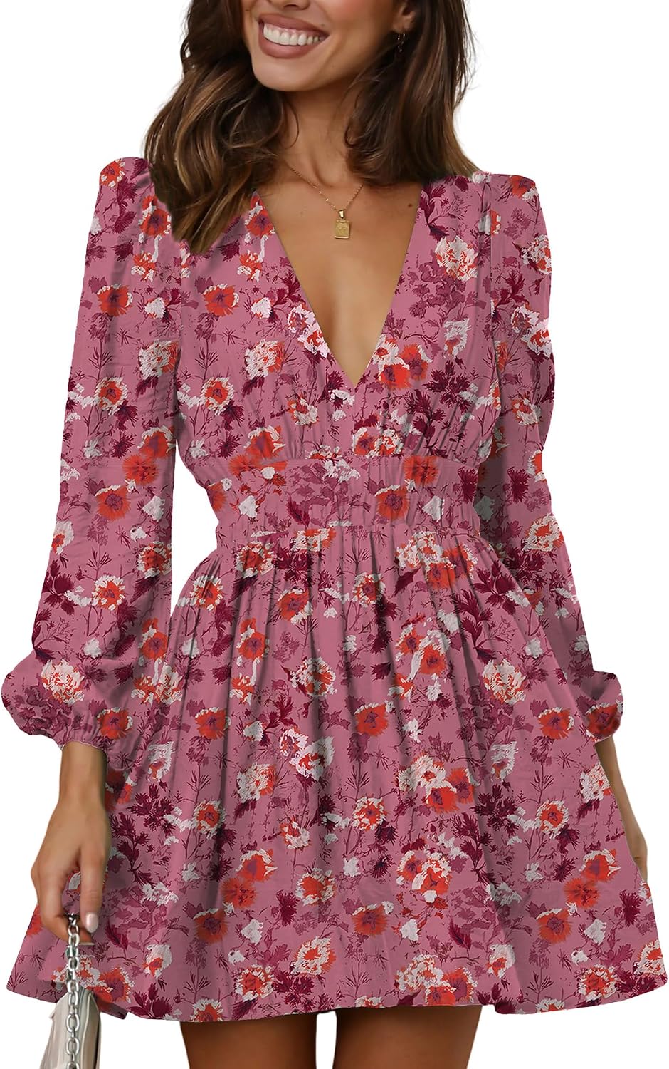 Deep-V Long-Sleeve A-Line Mini Dress in Floral Mauve